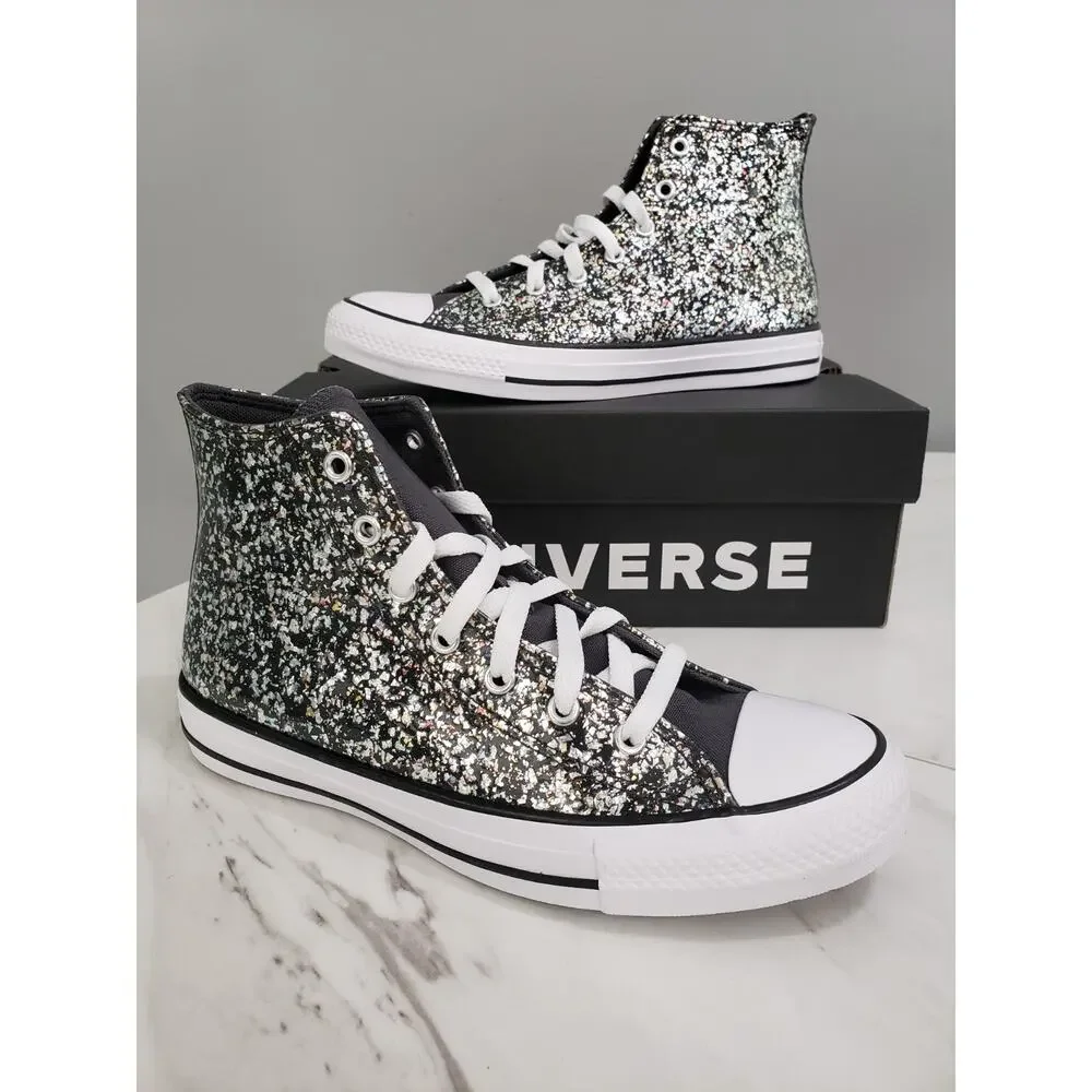 NEW Converse Girls‎ BIG KID Size 6 Black Glitter High Top Shoes Gray Metallic